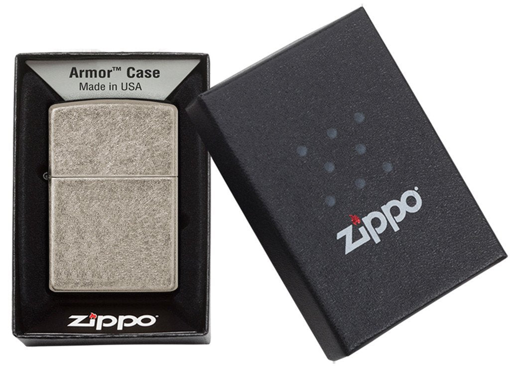 Armor™ Antique Silver Plate Windproof Lighter in its packaging