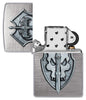 Medieval Skull Crest Linen Weave Windproof Lighter with its lid open and unlit.