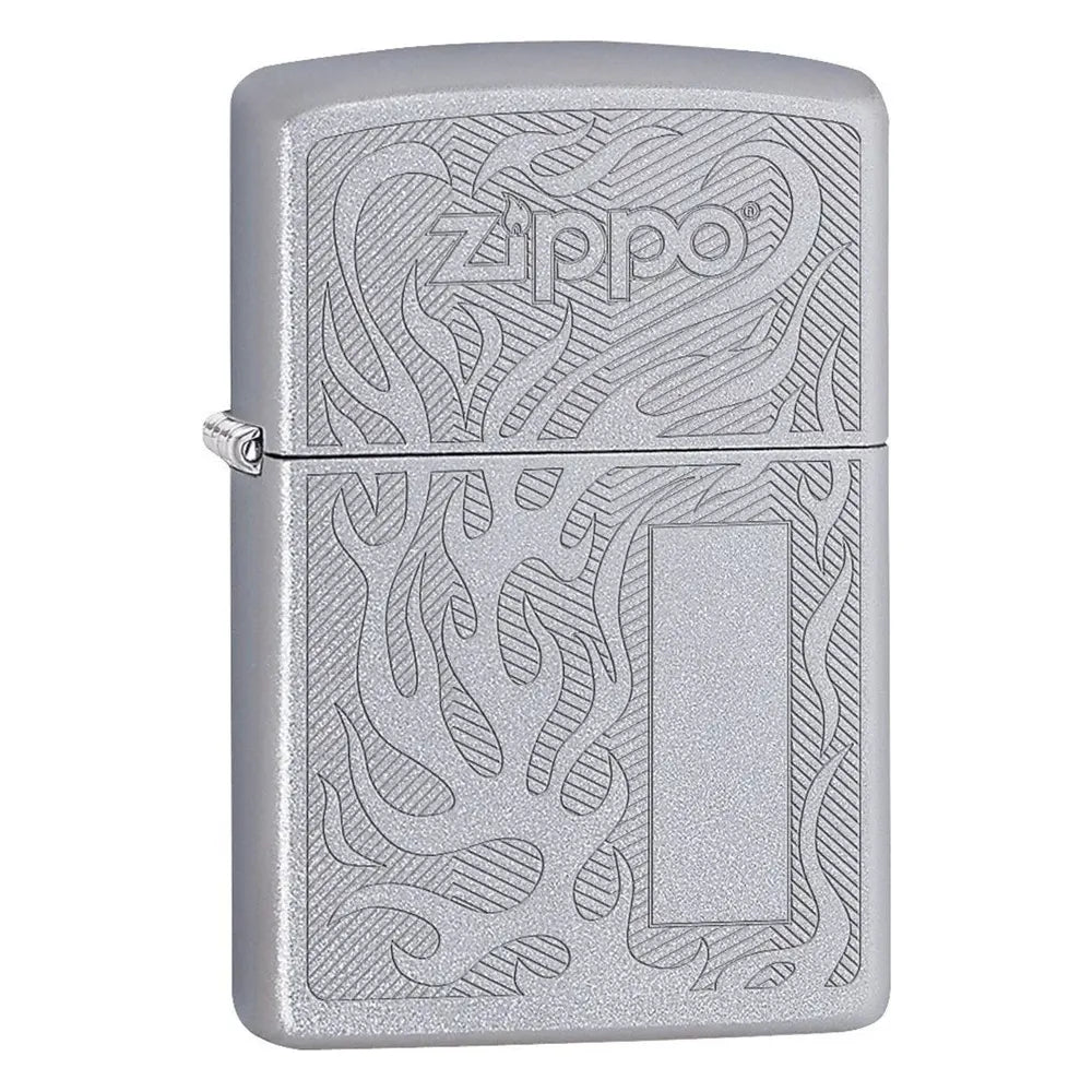 Zippo Logo Flame Satin Chrome