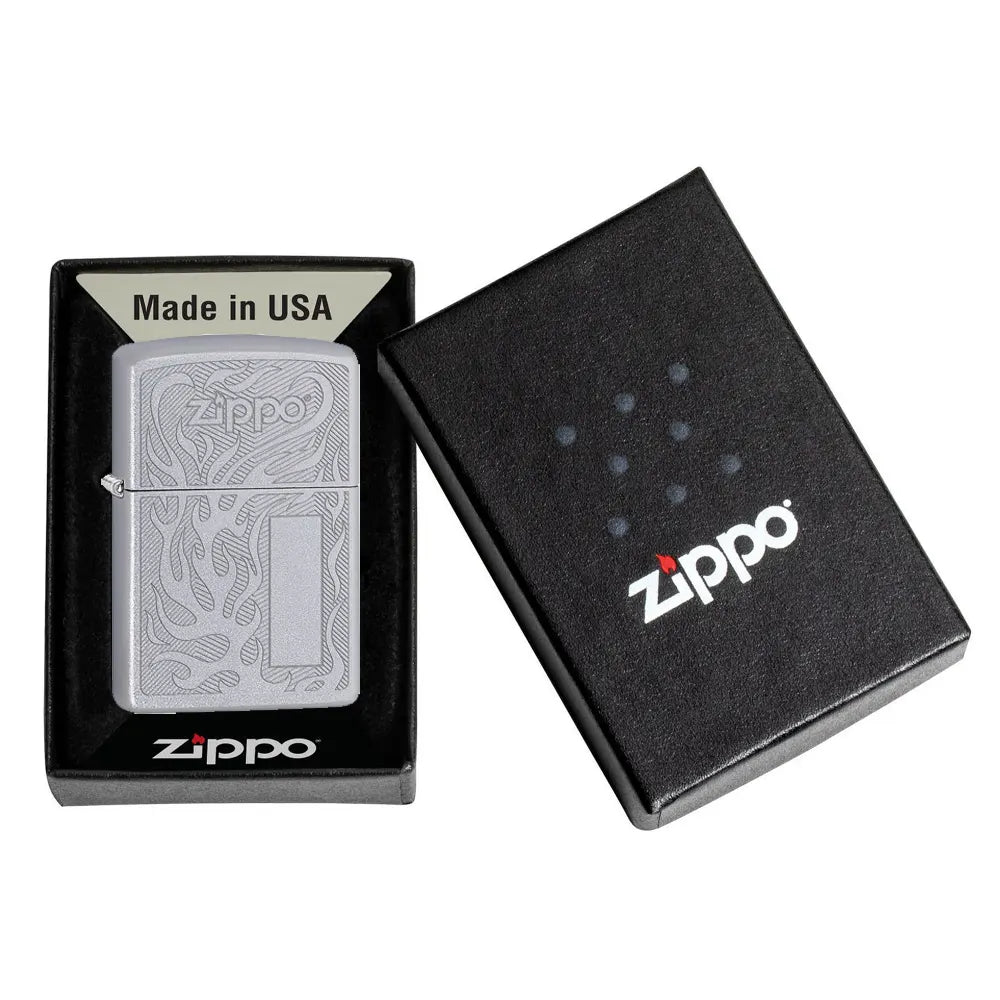 Zippo Logo Flame Satin Chrome