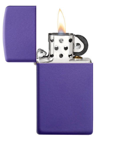 Slim Purple Matte Windproof Lighter with its lid open and lit