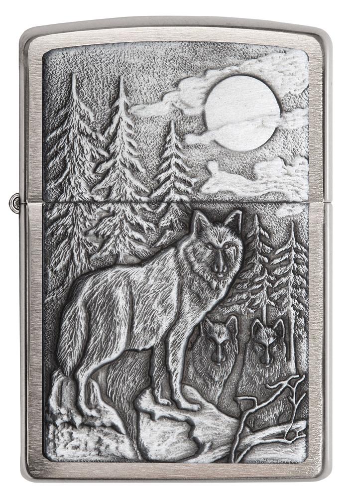 20855, Timberwolves in the Forest at Night with Glowing Moon, Silver Emblem on Brushed Chrome Finish