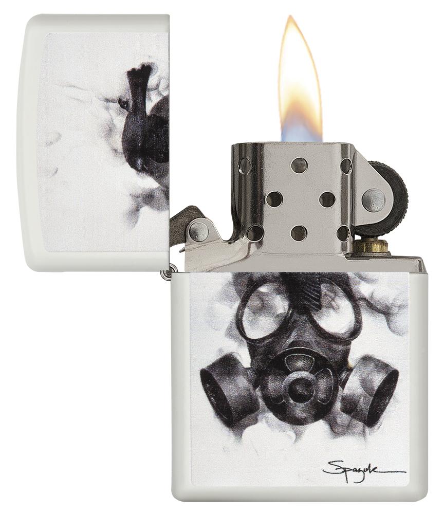 29646, Steven Spazuk Art with Black Bird Resting on a Smoking Gas Mask, Color Image, White Matte Finish