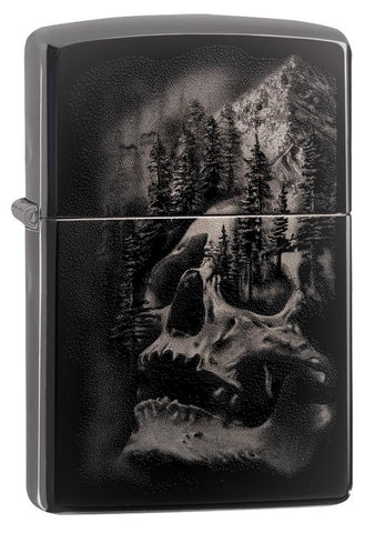 Skull Mountain Black Ice Windproof Lighter facing forward at a 3/4 angle