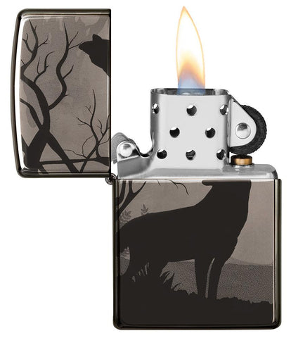 Wolves Design Photo Image 360° Black Ice Windproof Lighter with its lid open and lit