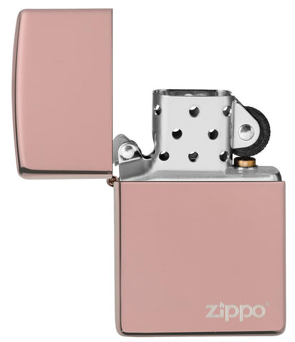 High Polish Rose Gold Zippo Logo windproof lighter with its lid open and not lit