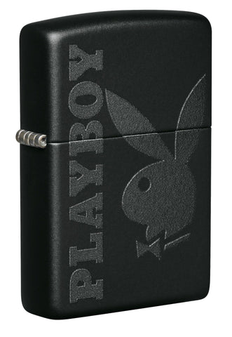 Front shot of Playboy Logo Black Matte Windproof Lighter standing at a 3/4 angle