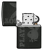 Playboy Logo Black Matte Windproof Lighter with its lid open and unlit