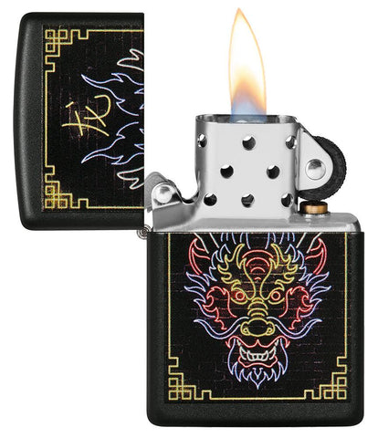 Neon Dragon Design Black Matte Windproof Lighter with its lid open and lit