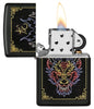 Neon Dragon Design Black Matte Windproof Lighter with its lid open and lit