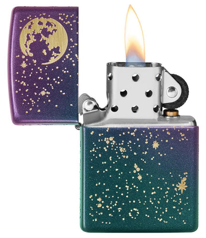 Starry Sky Design Iridescent Windproof Lighter with its lid open and lit