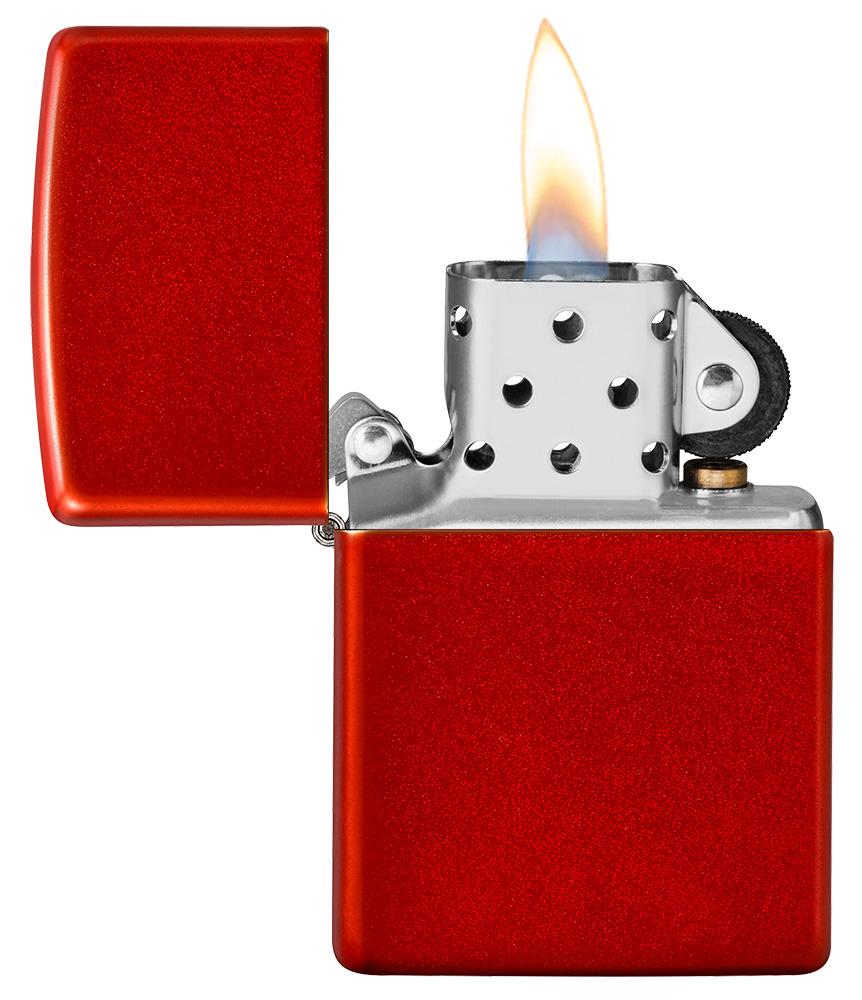 Metallic Red Matte Windproof Lighter with its lid open and lit