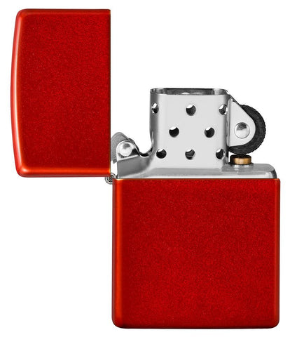 Metallic Red Matte Windproof Lighter with its lid open and unlit