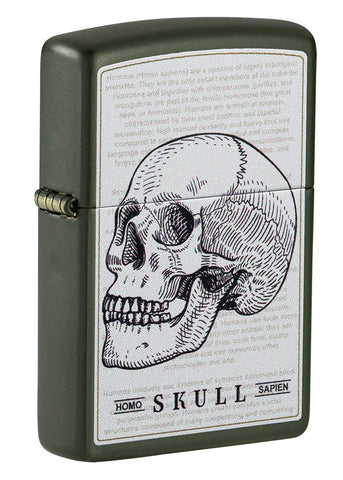 Front shot of Skull Page Design Green Matte Windproof Lighter standing at a 3/4 angle
