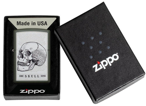 Skull Page Design Green Matte Windproof Lighter in its packaging