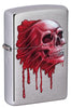 Front shot of Bloody Skull Design Brushed Chrome Windproof Lighter standing at a 3/4 angle