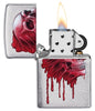 Bloody Skull Design Brushed Chrome Windproof Lighter with its lid open and lit
