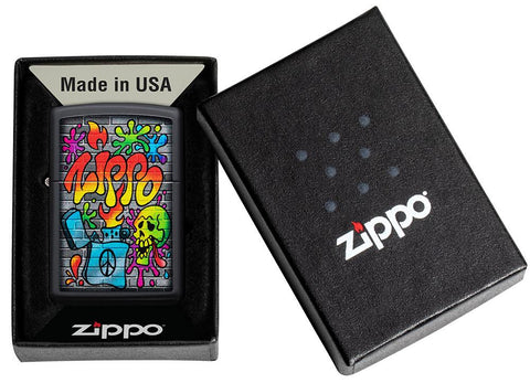 Zippo Street Art Design Black Matte Windproof Lighter in its packaging