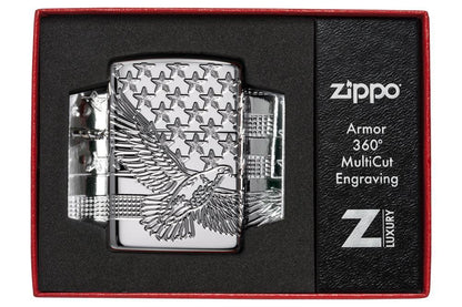 Patriotic Design High Polish Chrome Windproof Lighter in its packaging