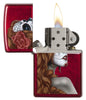 Dia De Los Muertos Candy Apple Red Windproof Lighter with its lid open and lit