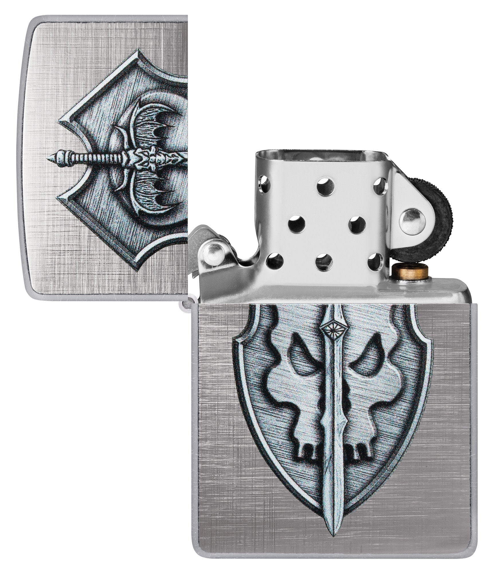 Medieval Skull Crest Linen Weave Windproof Lighter with its lid open and unlit.