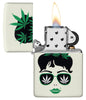 Zippo Cannabis Girl Design Glow In The Dark Pocket Lighter with its lid open and lit.