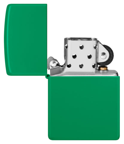 Zippo Grass Green Matte Classic Windproof Lighter with its lid open and unlit.