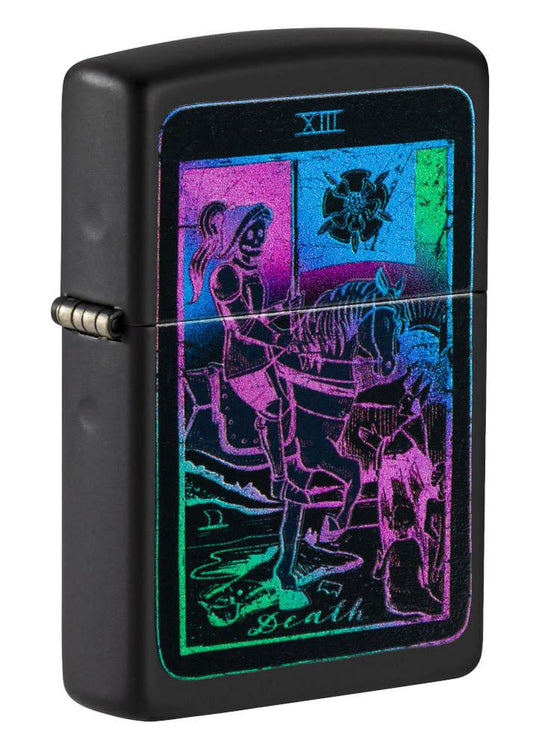 Front shot of Black Light Tarot Card Design Black Matte Windproof Lighter standing at a 3/4 angle.