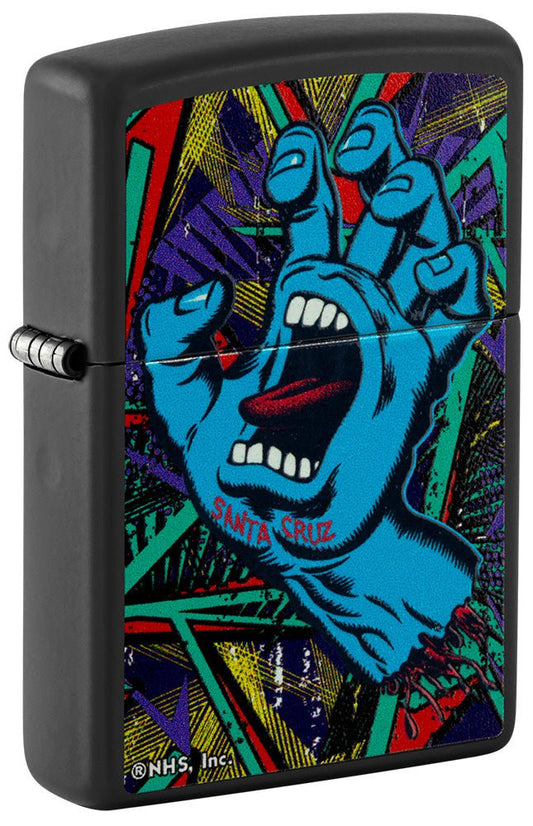 Front shot of Santa Cruz Screaming Hand Black Light Black Matte Windproof Lighter standing at a 3/4 angle.