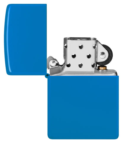 Zippo Sky Blue Matte Classic Windproof Lighter with its lid open and unlit.