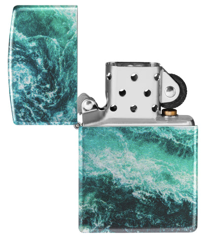 Zippo Rogue Wave Design 540 Fusion Windproof Lighter with its lid open and unlit.