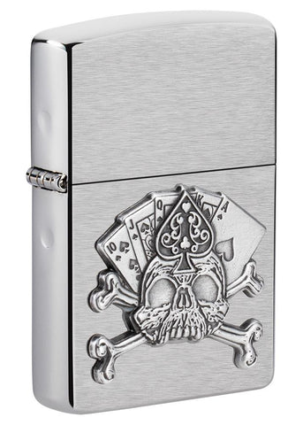 Front shot of Card Skull Emblem Design Windproof Lighter standing at a 3/4 angle