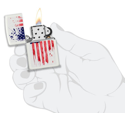 US Flag Design White Matte Windproof Lighter lit in hand.