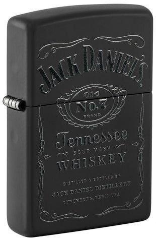 Front shot of Jack Daniel's Black Matte Windproof Lighter standing at a 3/4 angle.