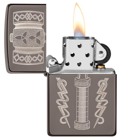 Thor's Hammer Design Black Ice® Windproof Lighter with its lid open and lit