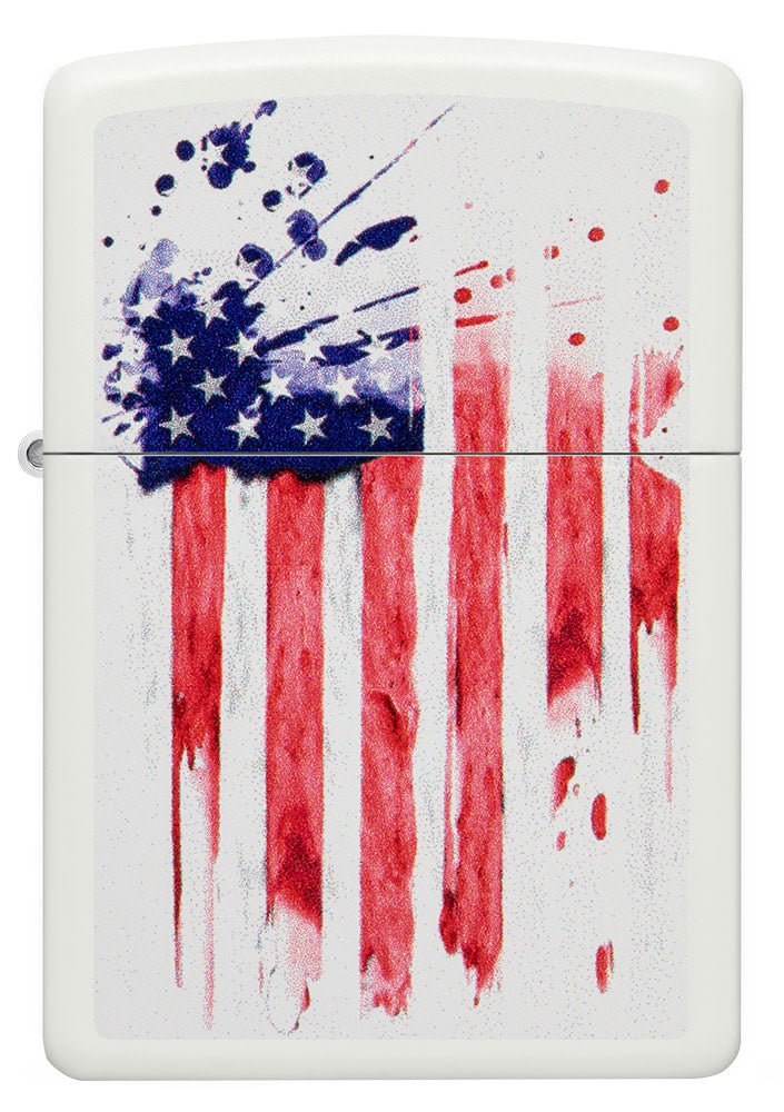 Front shot of US Flag Design White Matte Windproof Lighter.