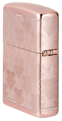 Angled shot of Heart Design High Polish  Rose Gold Windproof Lighter, showing the back and hinge side of the lighter.