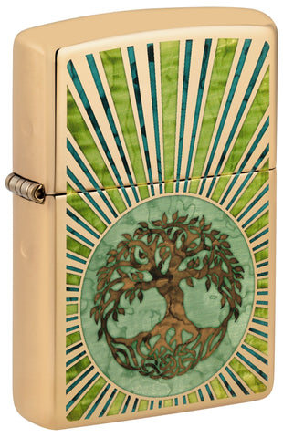 Front shot of Fusion Tree of Life Design High Polish Brass Windproof Lighter standing at a 3/4 angle.