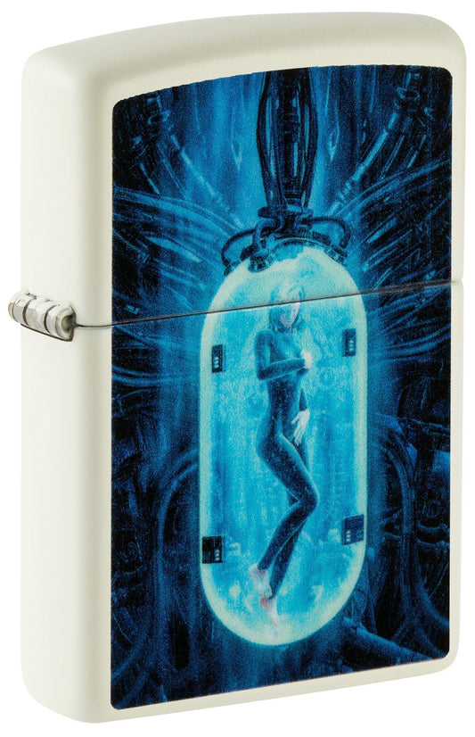 Front shot of Zippo Tube Woman Design Glow in the Dark Matte Windproof Lighter standing at a 3/4 angle.