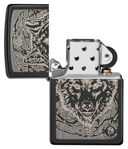 Anne Stokes Wolf High Polish Black Windproof Lighter with its lid open and unlit