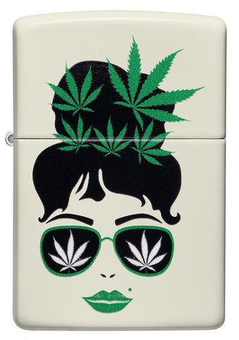 Front shot of Zippo Cannabis Girl Design Glow In The Dark Pocket Lighter.