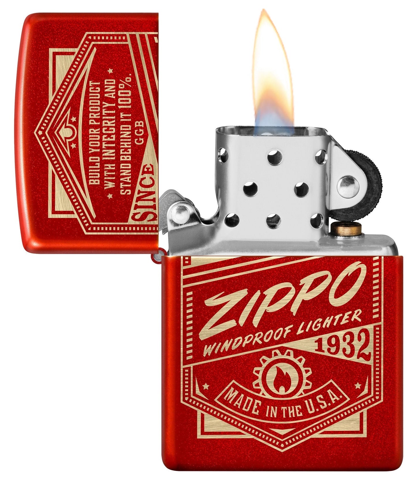 Zippo It Works Design Metallic Red Windproof Lighter with its lid open and lit.