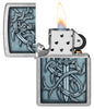 Medieval Dragon and Blade Street Chrome Windproof Lighter with its lid open and lit.