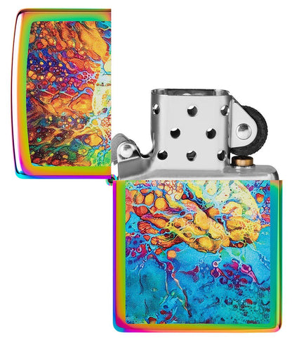 Psychedelic Brain Design Multi Color Windproof Lighter with its lid open and unlit.