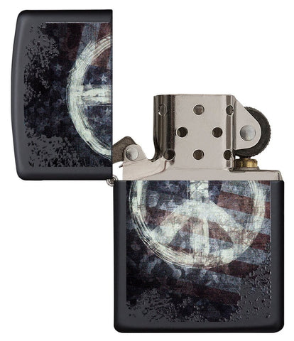 Peace on Flag Distressed Design Windproof Lighter with its lid open and unlit.
