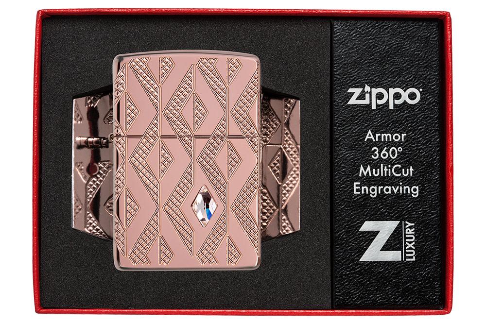 Geometric Diamond Pattern Design Armor® Rose Gold Windproof Lighter in its packaging.