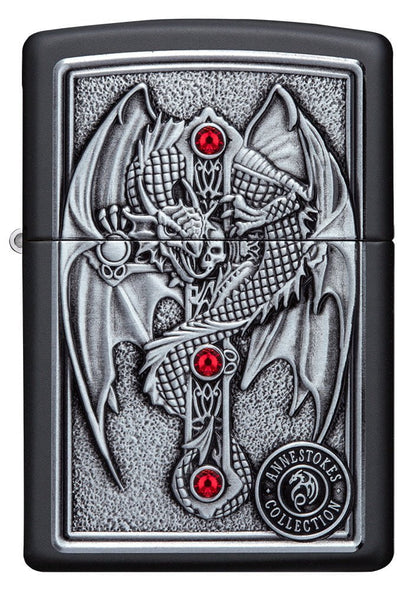 Anne Stokes Gothic Guardian Emblem Black Matte Windproof Lighter with its lid open and unlit.