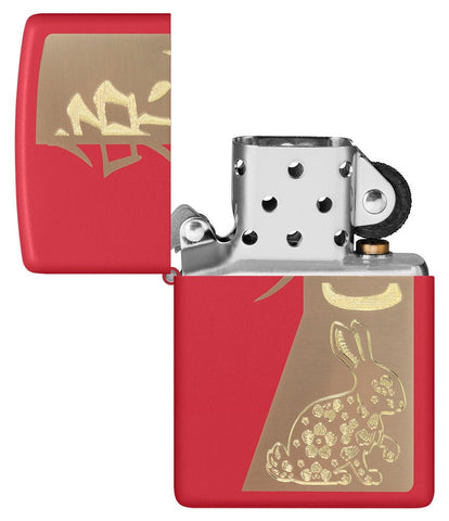 Year of the Rabbit Red Matte Windproof Lighter with its lid open and unlit.
