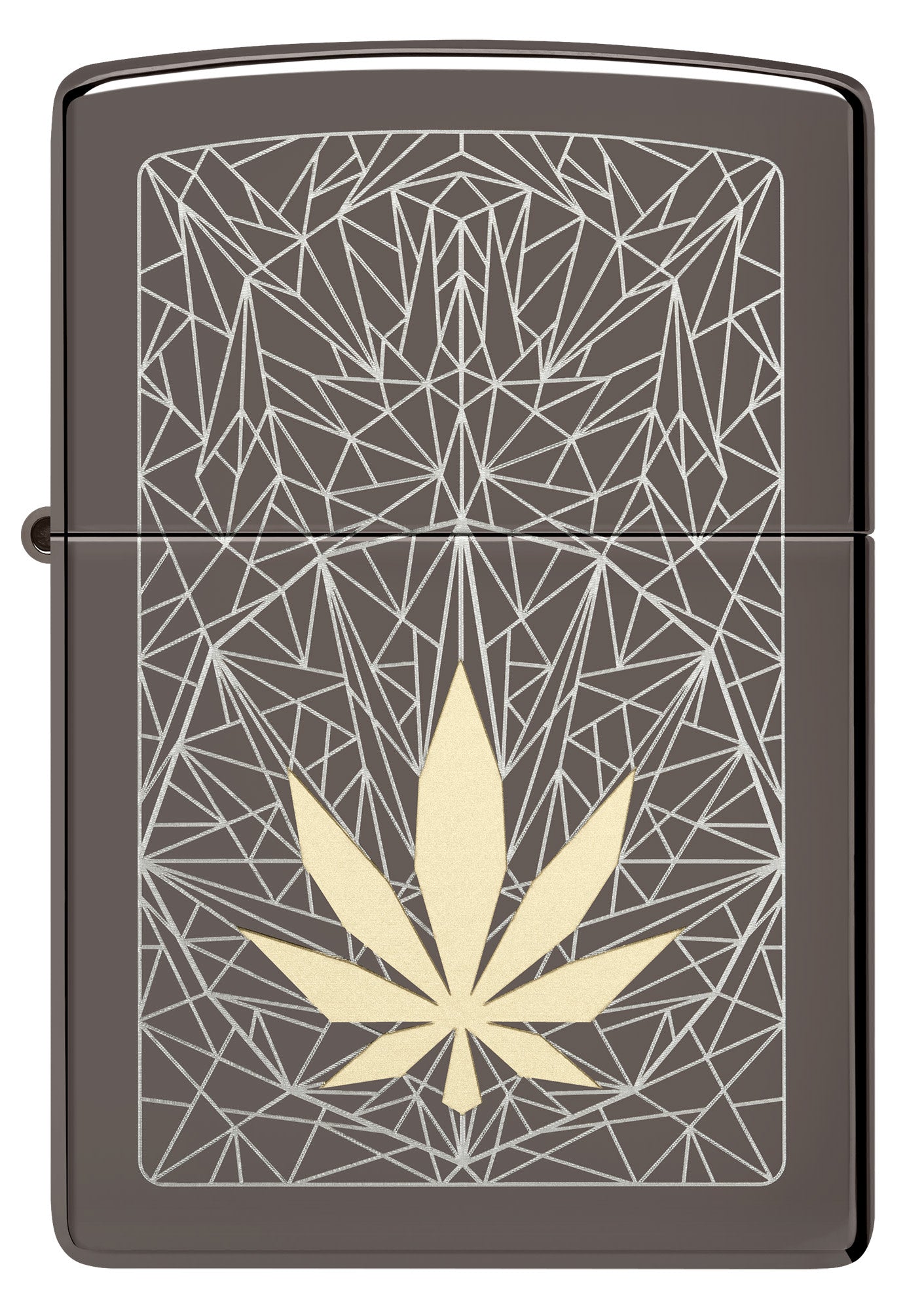 Front shot of Cannabis Design Laser Two Tone Black Ice Windproof Lighter.