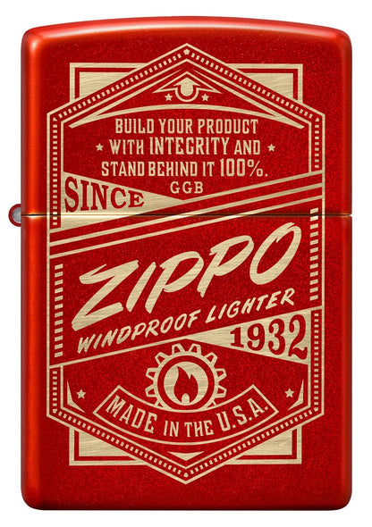 Front view of Zippo It Works Design Metallic Red Windproof Lighter.